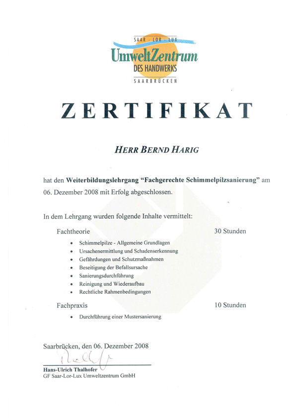 Zertifikat Fachgerechte Schimmelpilzsanierung